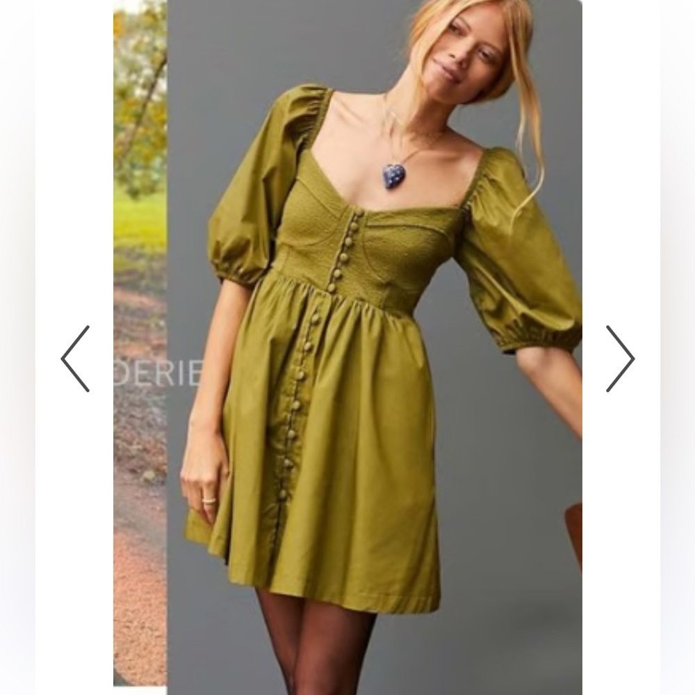 Maeve by Anthropologie Green Puff Sleeve Button Front Dress
